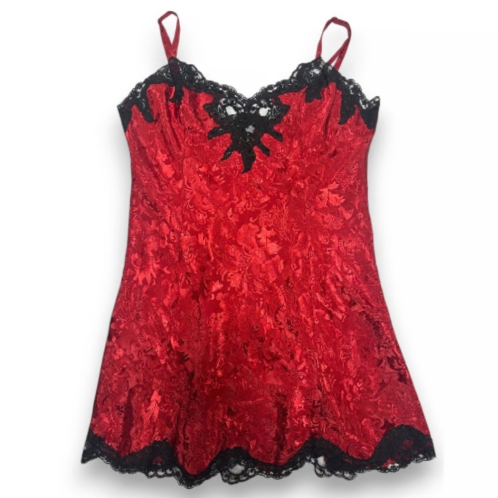Vintage Victoria Secret Red Satin Jacquard Slip Dress Chemise Size Large Lace